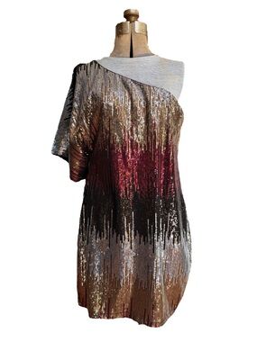 Bisou Bisou Michele Bohbot Multicolor Sequin, 1 Shoulder, Mini Dress